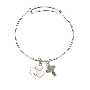Bangle Bracelet with Clover and Celtic Cross Charms