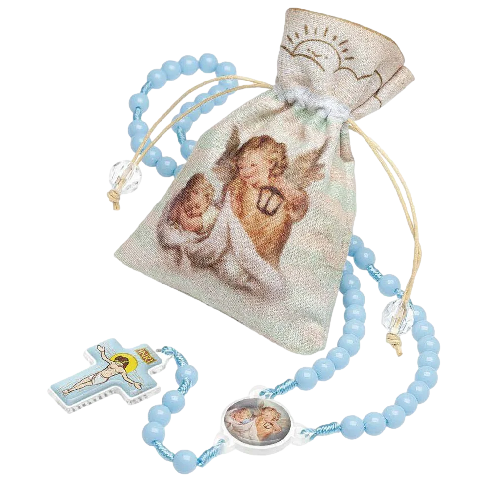 Children's Guardian Angel Gift Set with blue rosary and pouch
