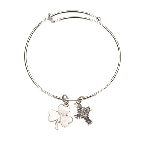 Bangle Bracelet with Clover and Celtic Cross Charms