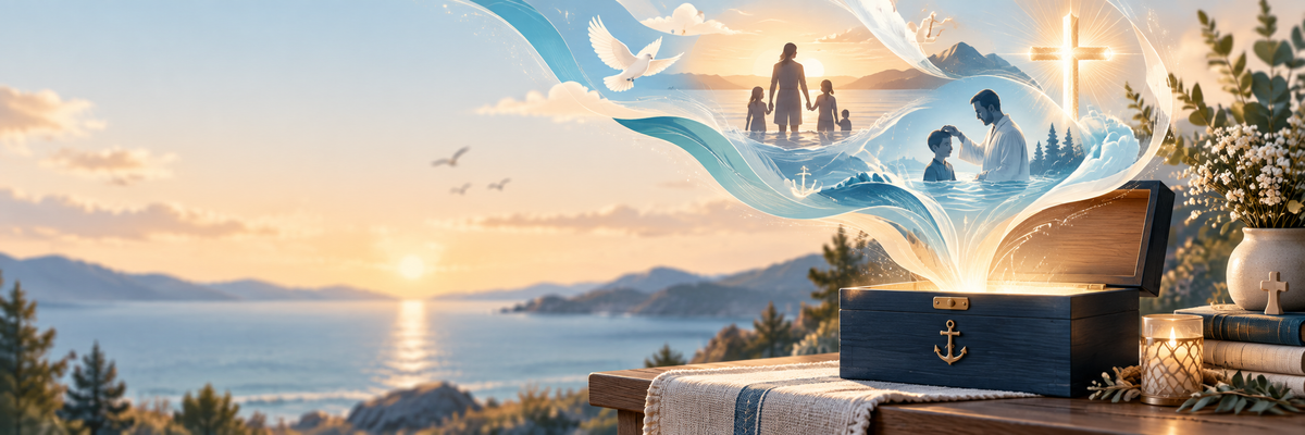 A decorative scene showing a glowing open chest with an anchor emblem on a table, with a translucent wave-like form rising to reveal a family silhouette and a cross, set against a sunset seascape background.