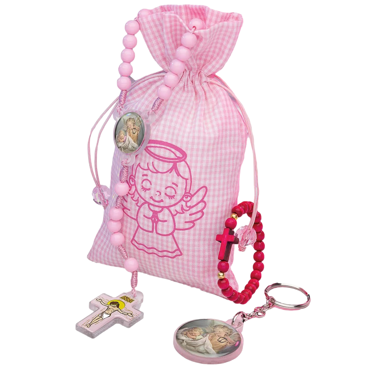 Children's Gift Set (rosary, keychain, wooden bracelet) in Pink