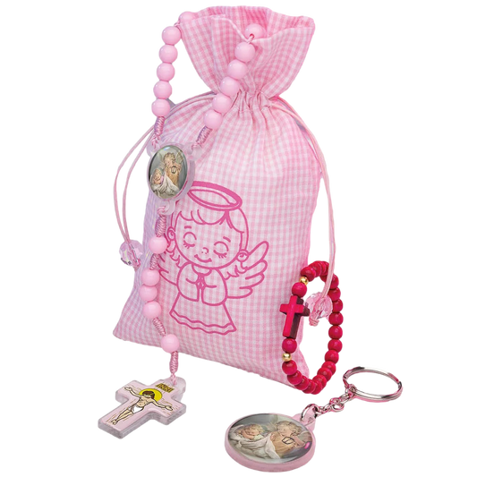 Children's Gift Set (rosary, keychain, wooden bracelet) in Pink