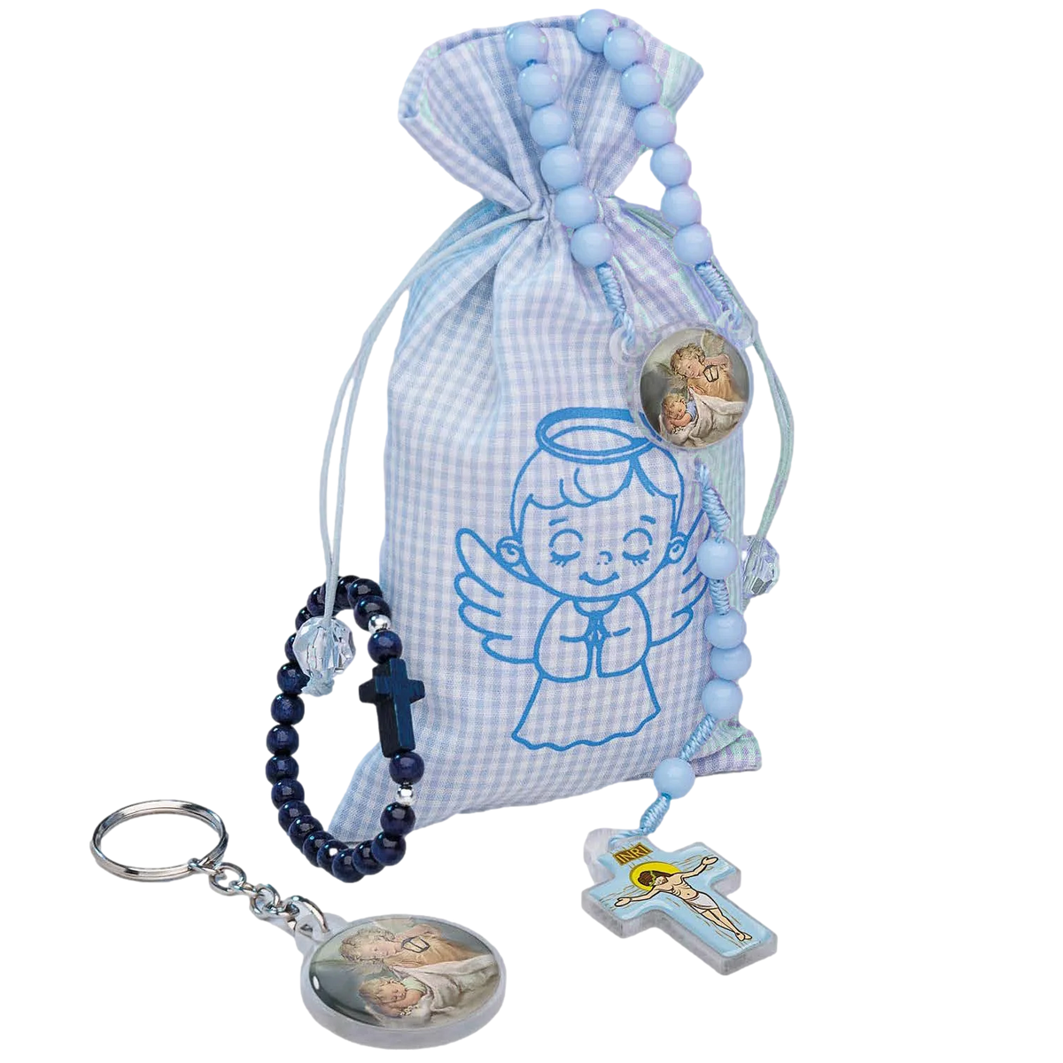 Children's Gift Set (rosary, keychain, wooden bracelet) in Blue