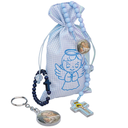Children's Gift Set (rosary, keychain, wooden bracelet) in Blue