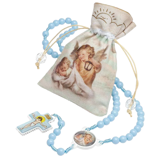 Children's Guardian Angel Gift Set with blue rosary and pouch