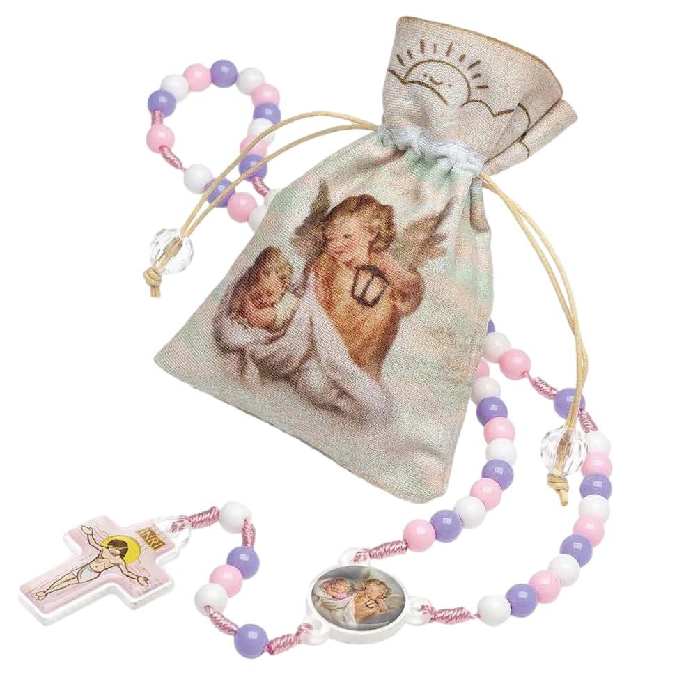 Children's Guardian Angel Gift Set with multi-color rosary and pouch