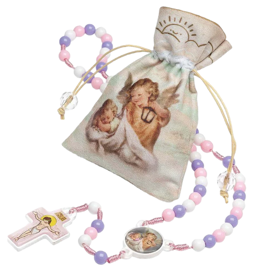 Children's Guardian Angel Gift Set with multi-color rosary and pouch