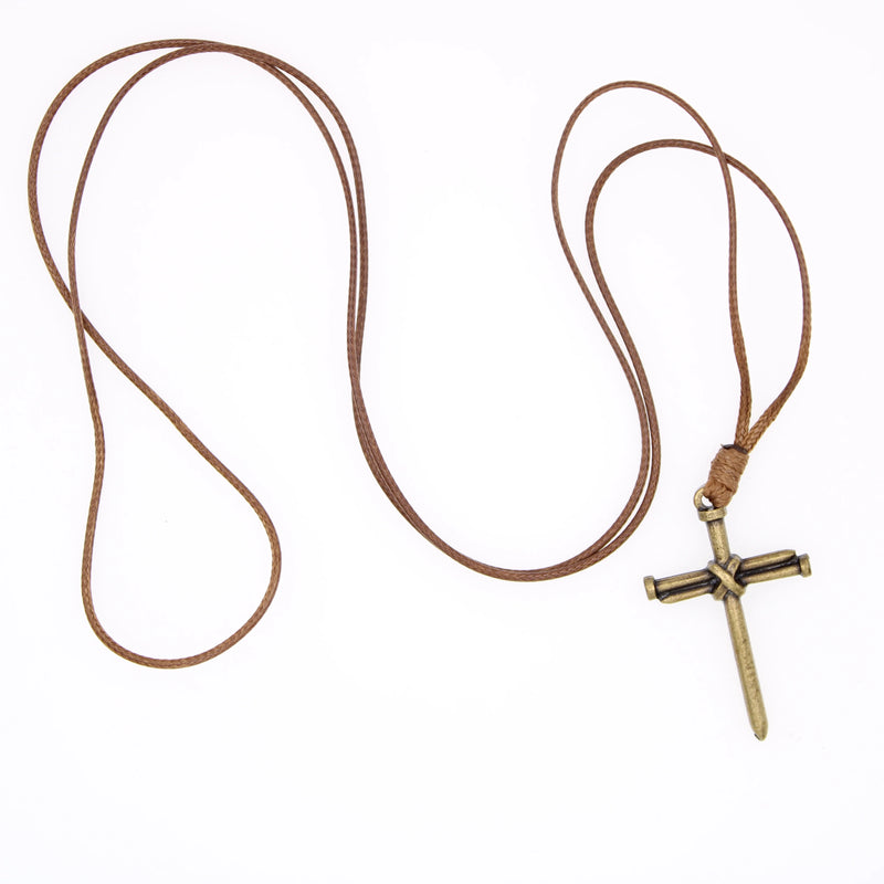 Nail Cross Necklace, Antique Gold on Brown Cord