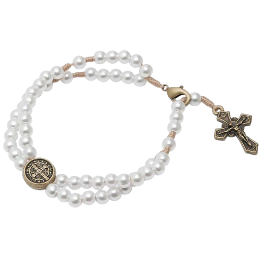 St. Benedict pearl and antique gold rosary bracelet