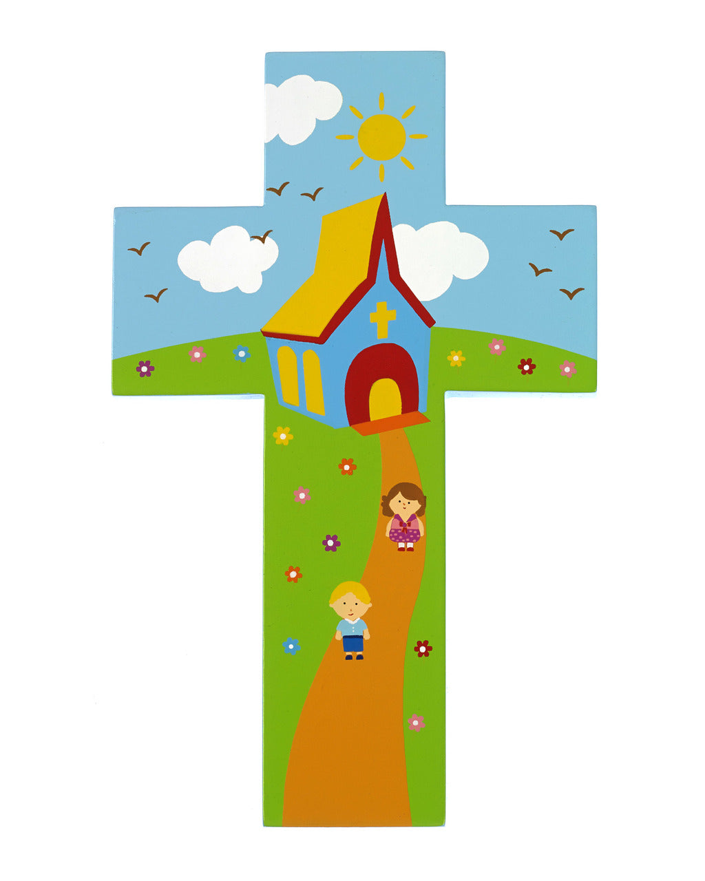 Boy and Girl Outside Church Cross